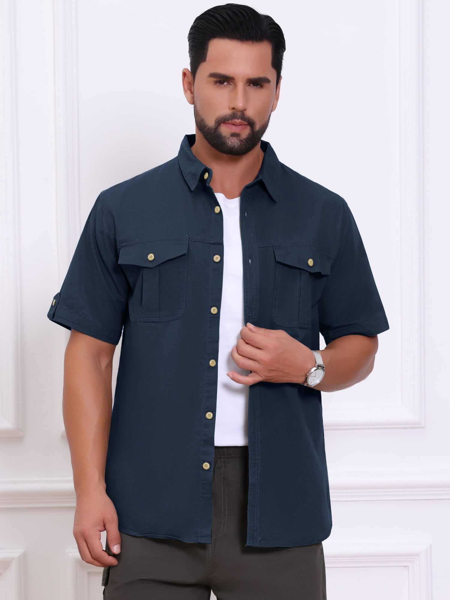 DARING DIVA Men's Fishing Shirt Summer Short Sleeve Hiking Cargo Shirts L Navy Blue
