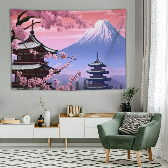 PRATYUS Japanese Tapestry Cherry Sakura Blossom Temple Mount Fuji Pink Landscape Tapestry 60x40 Inch Wall Hanging for Bedroom Living Room Dorm 60x40in