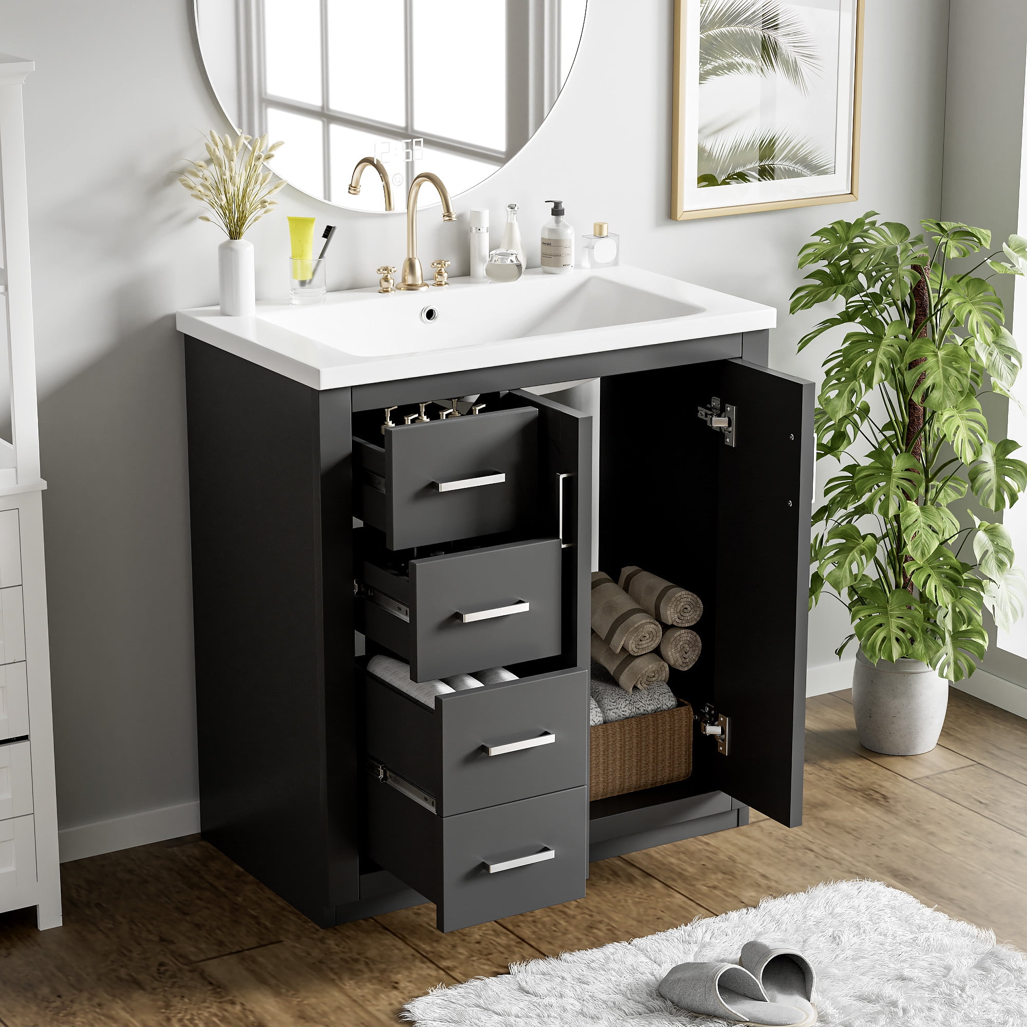 Harper & Bright Designs 30" Bathroom Vanity with Sink, Bathroom Storage Cabinet with Drawers, Single Sink Bathroom Vanity Soft with Closing Doors, Black