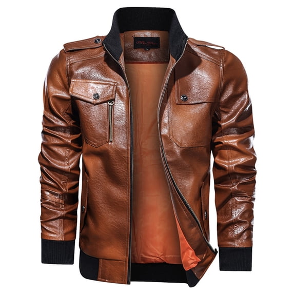 Munlar Jackets for Men- Fashion Pure Color Zipper Stand Collar Imitation Leather Men Winter Coats Christmas Winter Coat Clearance