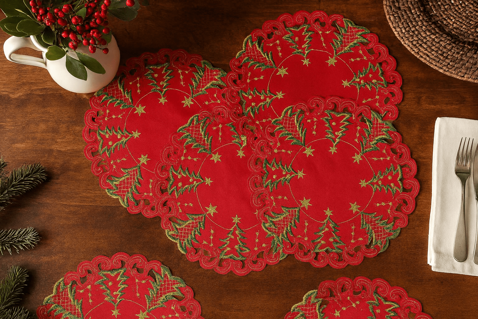 Fennco Styles Pandora Collection Holiday Christmas Tree 14 Inch Round Placemats, Set of 4