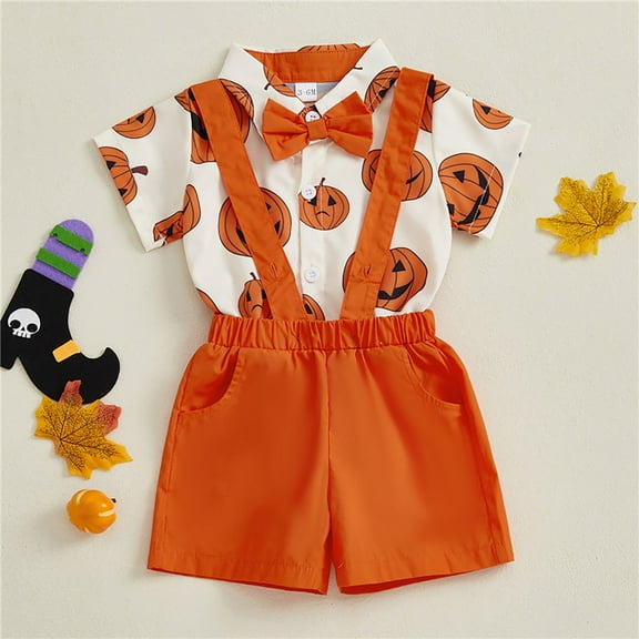 Tfken Toddler Teen Girls Outfits Sets 2025 Funny Pumpkin Print Short Sleeve Lapel Neck Bodysuit Overalls Set Scary Halloween Orange Clothing Set Size 6-12 Months