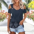 thumbnail image 2 of Cold Shoulder Eyelet Tops for Women Trendy Casual Floral Print V Neck Strappy Dressy Tunic Blouse Tees (XL, Navy), 2 of 6