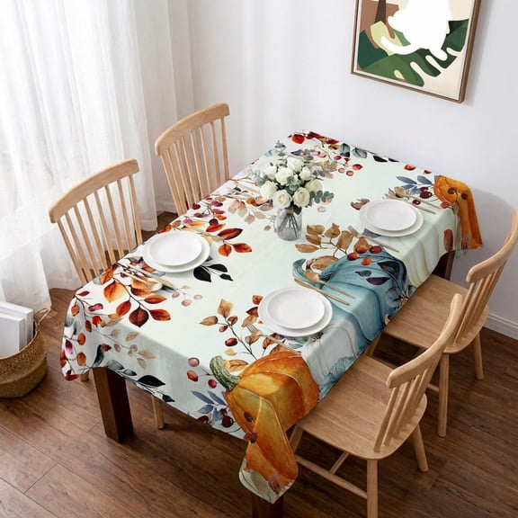 Orange Blue Pumpkin Fall Table Cloth Waterproof Tablecloths, Thanksgiving Eucalyptus Leaves Tablecloth Dining Table Cover for Kitchen Party Tabletop Outdoor, Rectangle Tablecloth 60x102 Inch