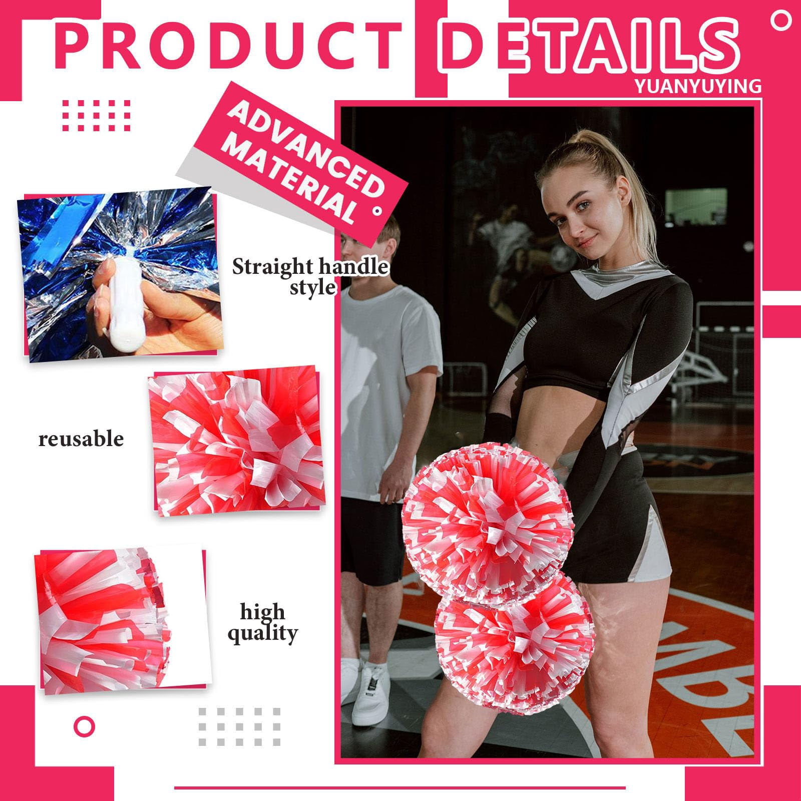 12 Pcs Cheerleading poms,13.7inch pom poms Cheerleading with Straight Handle Style Cheer Pom Pomsfor Dance, Matches, Team Spirit Sports