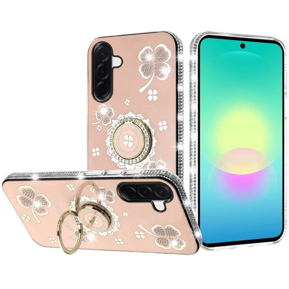For Samsung Galaxy A27 Splendid Glitter with Diamonds All Around Edges Ring Stand Case Cover - Gold
