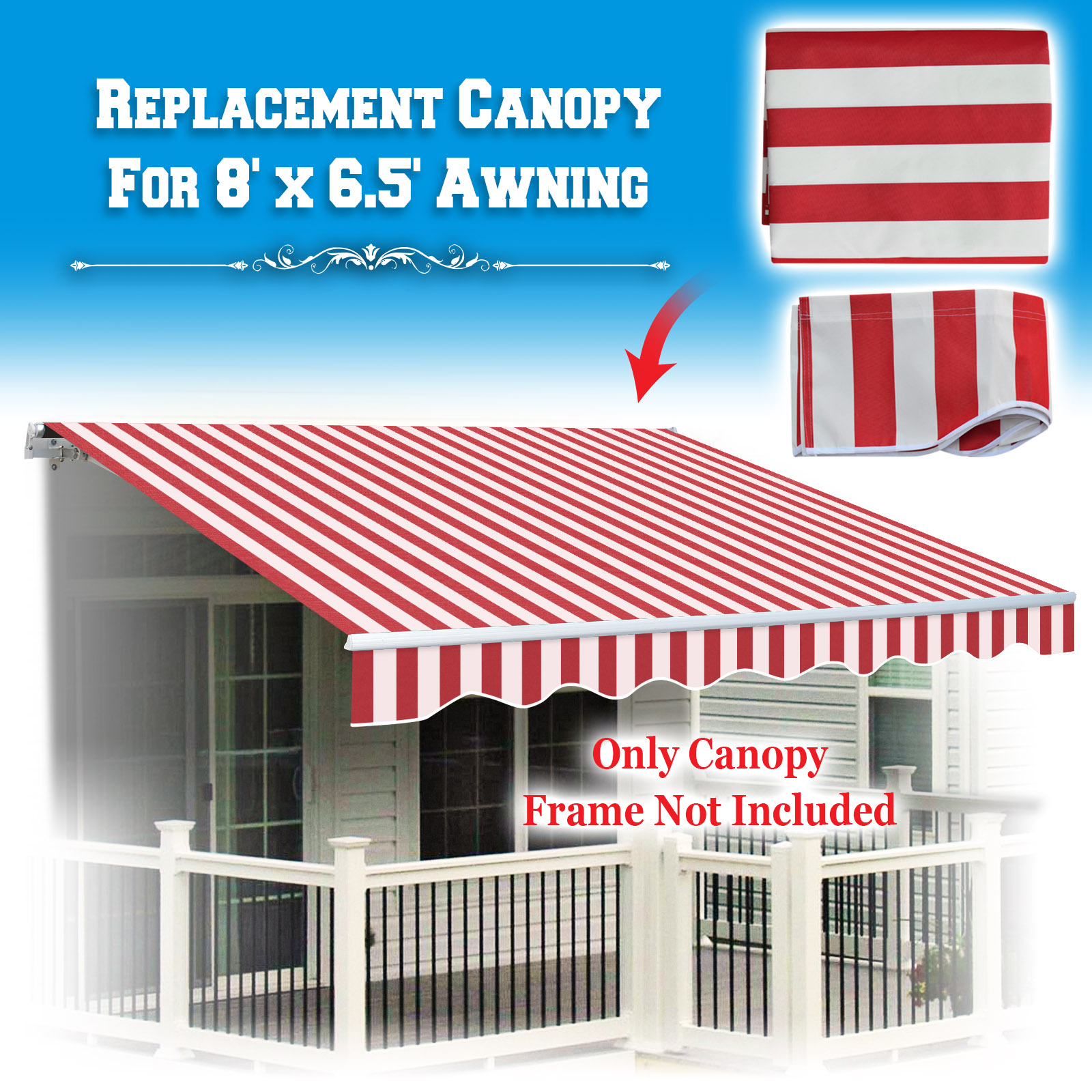 Sunrise Outdoor 8' x 6.4' Replacement Canopy for Manual Yard Retractable Patio Deck Awning Sunshade （Cover Only, Frame is not Included）-Red with White