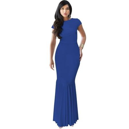 KOH KOH Long Cap Short Sleeve Flowy Fishtail Wedding Party Evening Prom Gala Cocktail Bridesmaid Full Floor Length Tube Formal Maxi Dress Gown For Women Cobalt Royal Blue XXXX-Large US 26-28 NT165