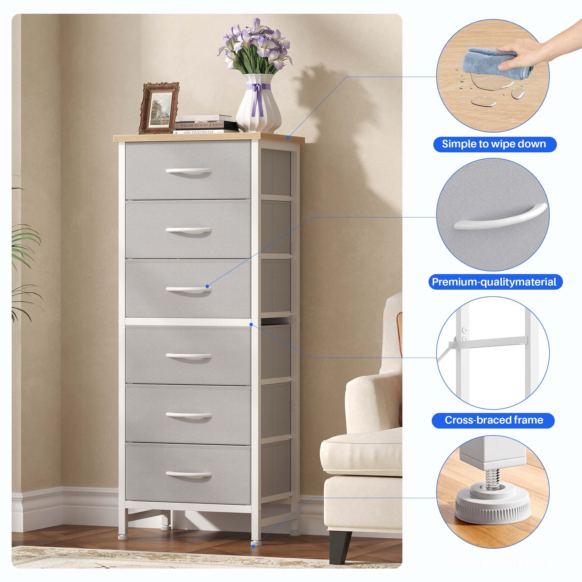 EDX 6 Drawer Fabric Dresser for Bedroom , Storage Organizer, Wide Chest of Drawers for Closet, Clothes,TV Stand, LightGray