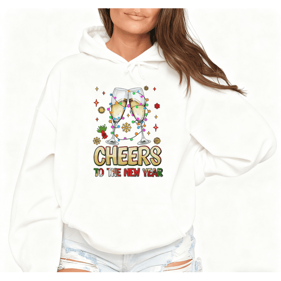 Cheers New Year Champagne Print Hoodie Graphic Sweatshirt White S-2XL Tops