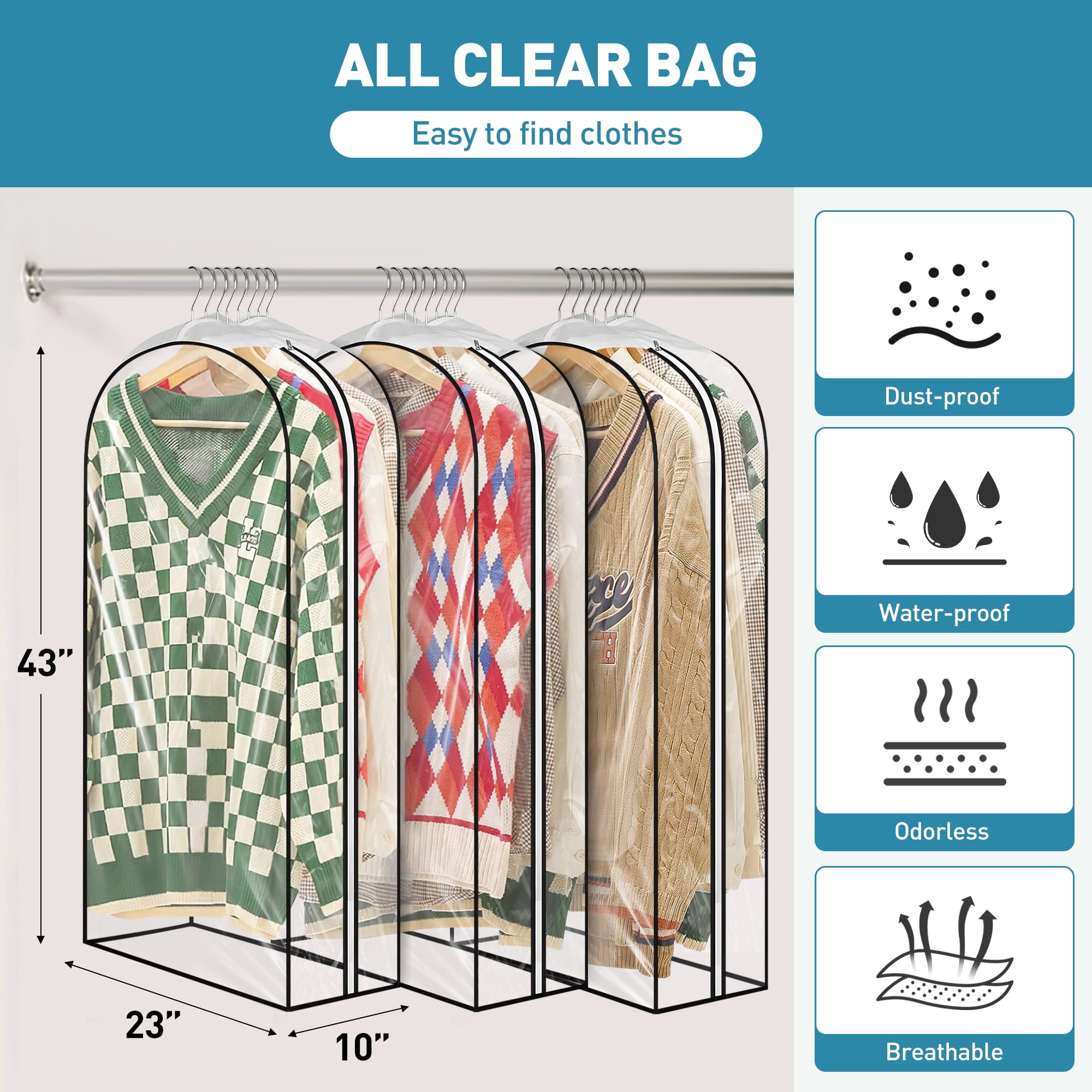 DAKOMM 43'' Garment Bag for Hanging Clothes, 3 pack 10'' Gusseted Suit Bag for Clothes, Shirts, Coats, Dresses, Plastic Protector for Clothes with PEVA Material, Waterproof & Odorless, Easy Clean