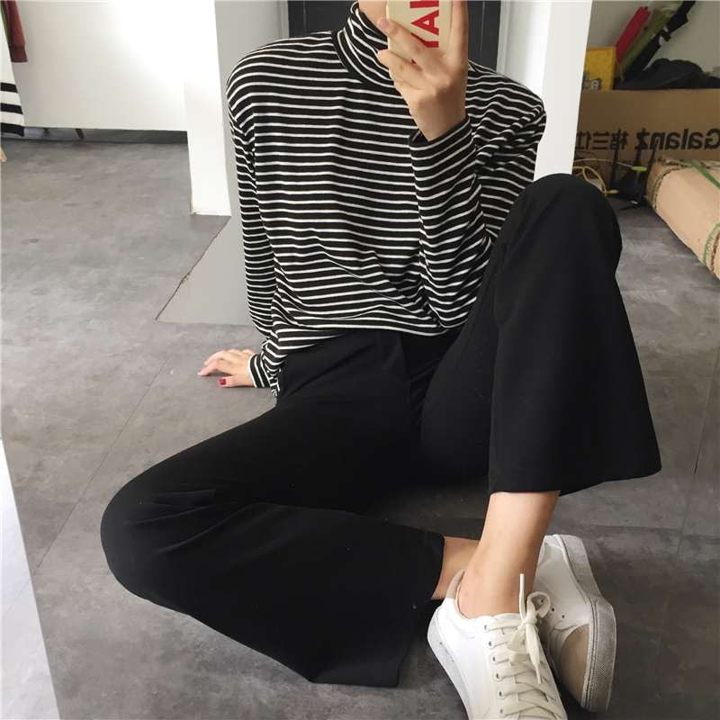 zhongxinda Black White Striped Turtleneck Female T-shirt Summer Fashion  Elegant Women Long Sleeve T-shirt Loose Casual Tees Large Size