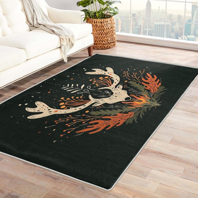 Deer Rugs for Living Room - 6x9 Rug - Deer Rug - Deer Head Flora Leaf Area Rug - Flower Leaves Rugs - Black Carpet