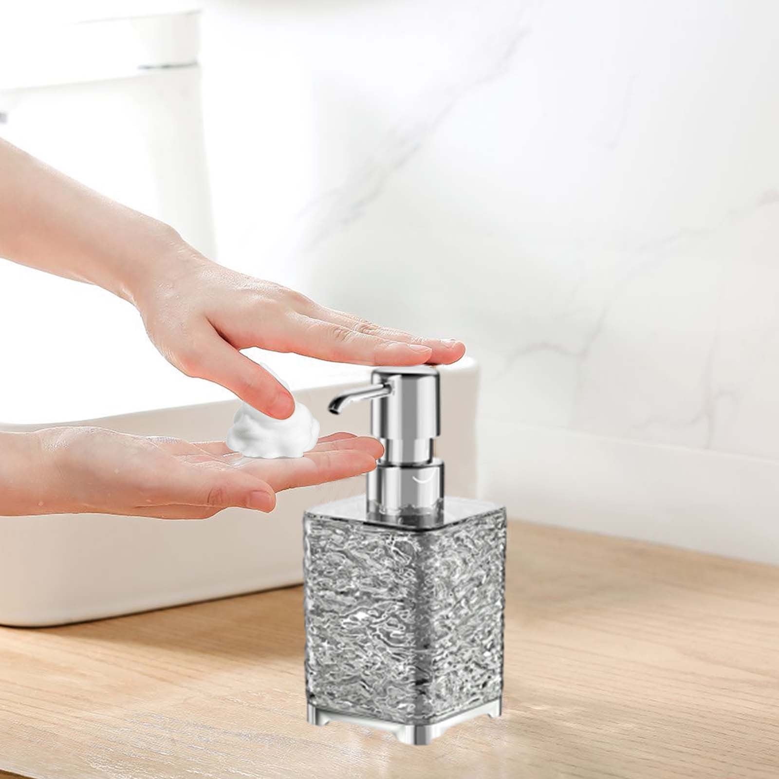 Glass Foaming Soap Dispenser with Silver Pump, Vintage-Inspired Modern Glass Refillable Bottle for Bathroom Vanity Countertop and Kitchen