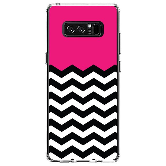 DistinctInk Clear Shockproof Hybrid Case for Samsung Galaxy Note 8 - TPU Bumper, Acrylic Back, Tempered Glass Screen Protector - Black White Hot Pink Chevron - Stripes Pattern
