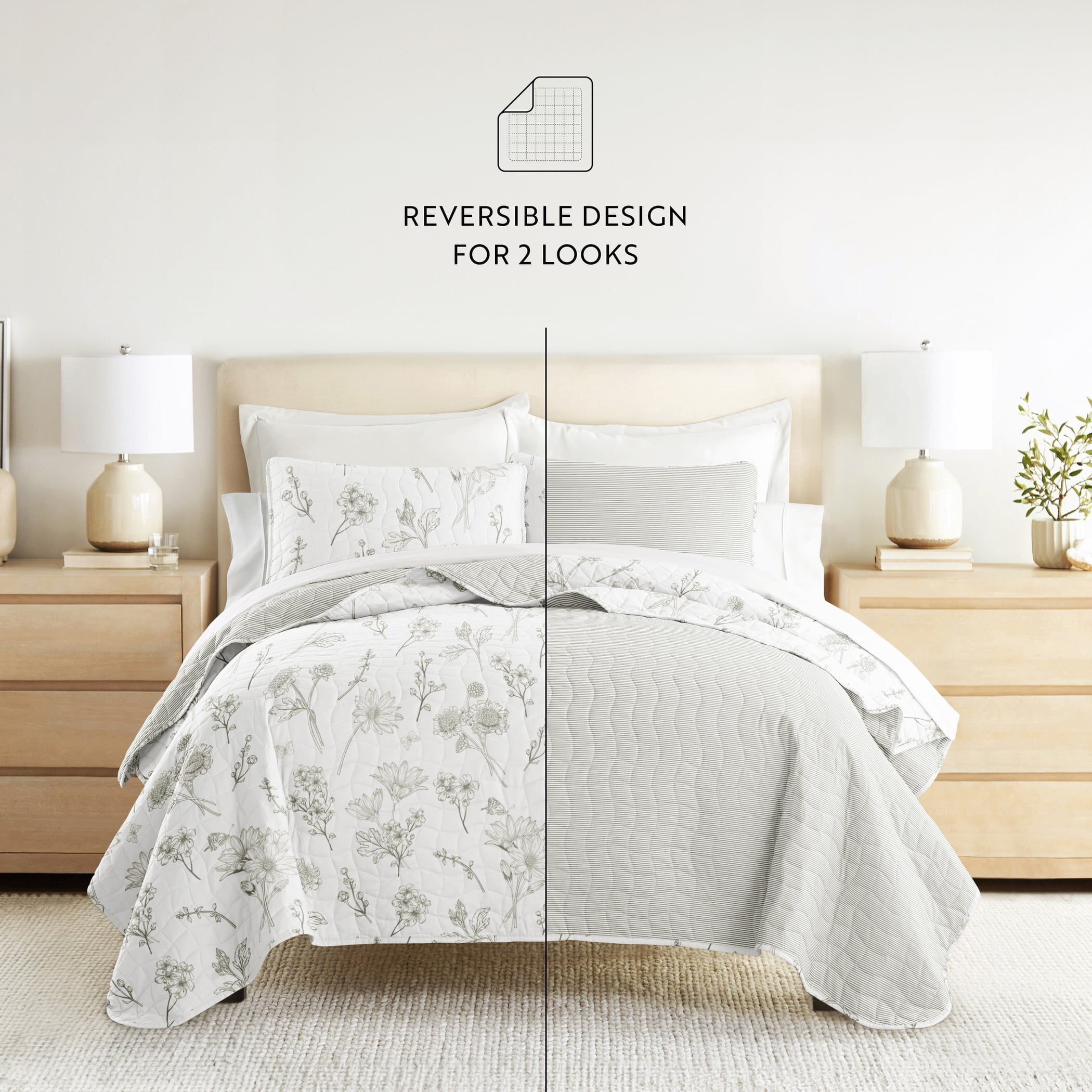 Noble Linens 3-Piece Light Gray Blooming Daisy Reversible Quilt Set, Twin