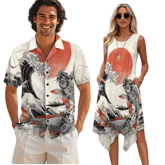 Psesaysky Japanese Style Mens Short Sleeve Shirts Hawaii Button Down Shirts or Womens Sleeveless Dress Flared Tank Sundress with Pockets Matching Couples Outfits,Fish Ocean Wave