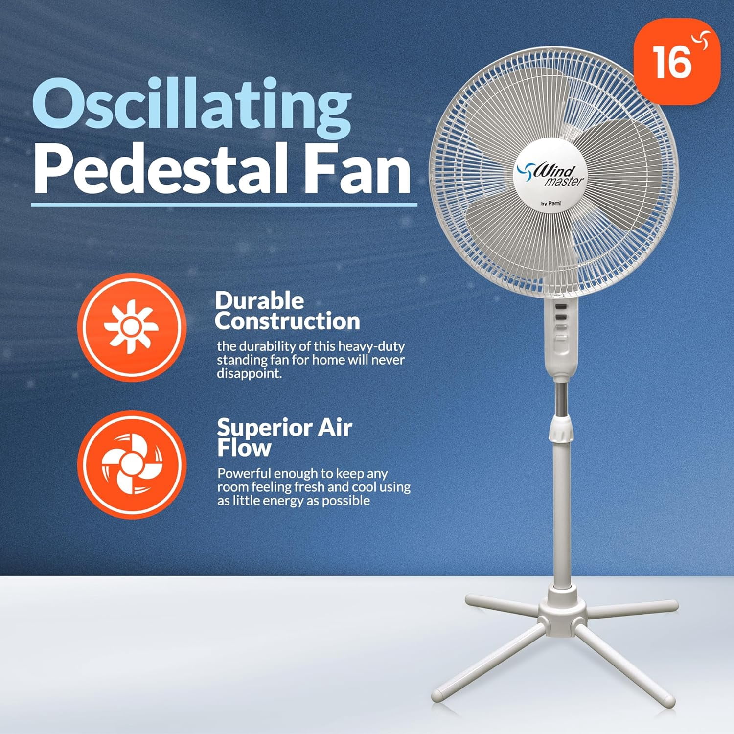 PAMI 16 Inch Oscillating Pedestal Fan, 3 Speeds Adjustable Height Tilt Electric Stand Up Fan for Bedroom Home Office, White