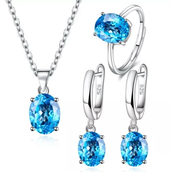 GKNET Women 925 Sterling Silver Oval Zircon Necklace Earrings Rings Sets 5 Color-Blue