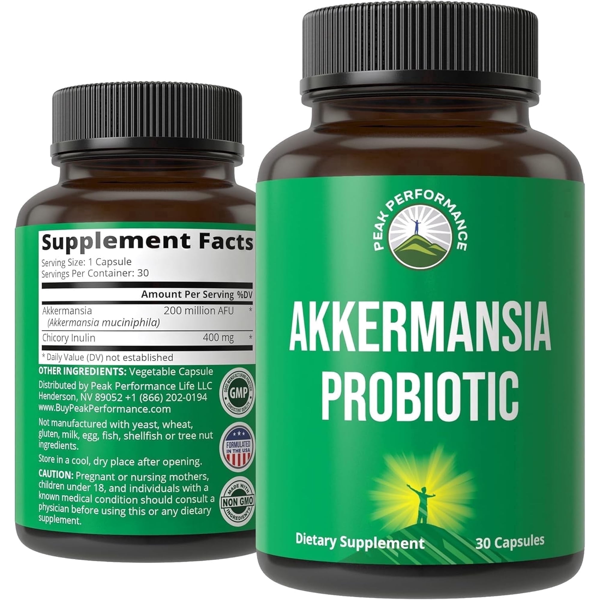 Peak Performance Akkermansia Probiotic Ultra High Strength Live Strain, Prebiotic Fiber, Gut Health, Delayed Release, 3rd Party Tested, Gluten-Free, 30 Capsules