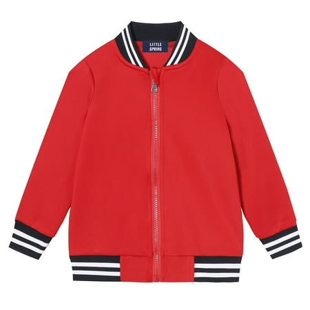 LittleSpring Size 10-12 Big Boys Girls Bomber Jacket Lightweight Letterman Jackets for Kid Zip up School Uniform Red