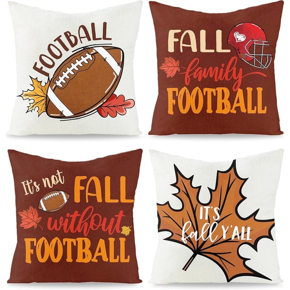 4Pcs Autumn Leaves Fall Football Throw Pillow Covers Set, Linen Maple Leaves Football Themed Pillowcase, Y’all Family Cushion Cover Farmhouse Party Decoration for Sofa Couch Bed 18 x 18 Inch