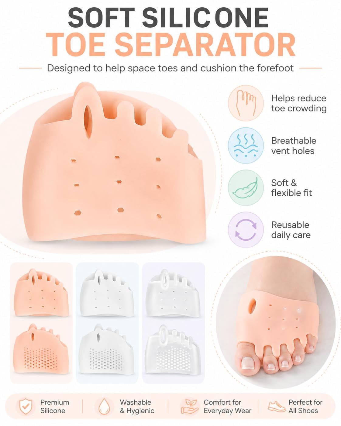 3-in-1 Pro Toe Straighteners, Soft Silicone Forefoot Sleeves for Toe Spacing, Cushioning and Everyday Footwear