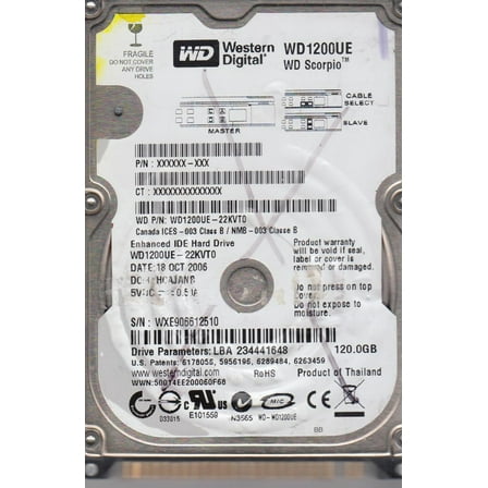WD1200UE-22KVT0, DCM HCAJANB, Western Digital 120GB IDE 2.5 Hard Drive