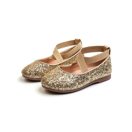 

Rockomi Kids Lightweight Princess Shoe Round Toe Dress Shoes Dance Uniform Casual Elastic Straps Flats Gold 34