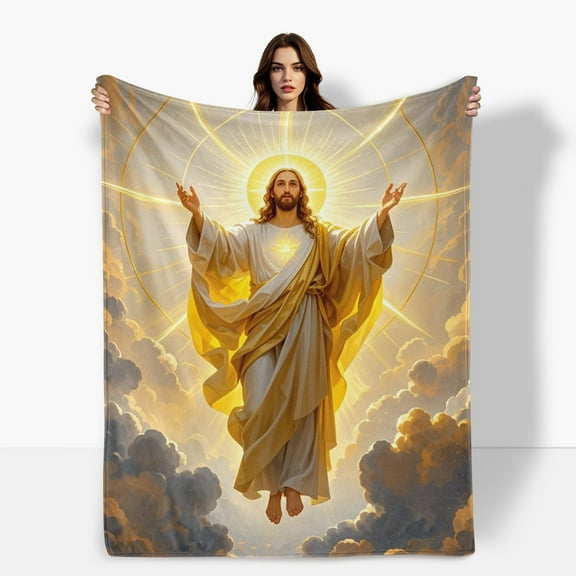 Jesus Yellow Light White Clouds Holy Spirit Flannel Blanket Soft Warm Comfortable For Sofa Bed Travel Camping Living Room Office Chair Polyester Fiber Gift For Family Or Friends