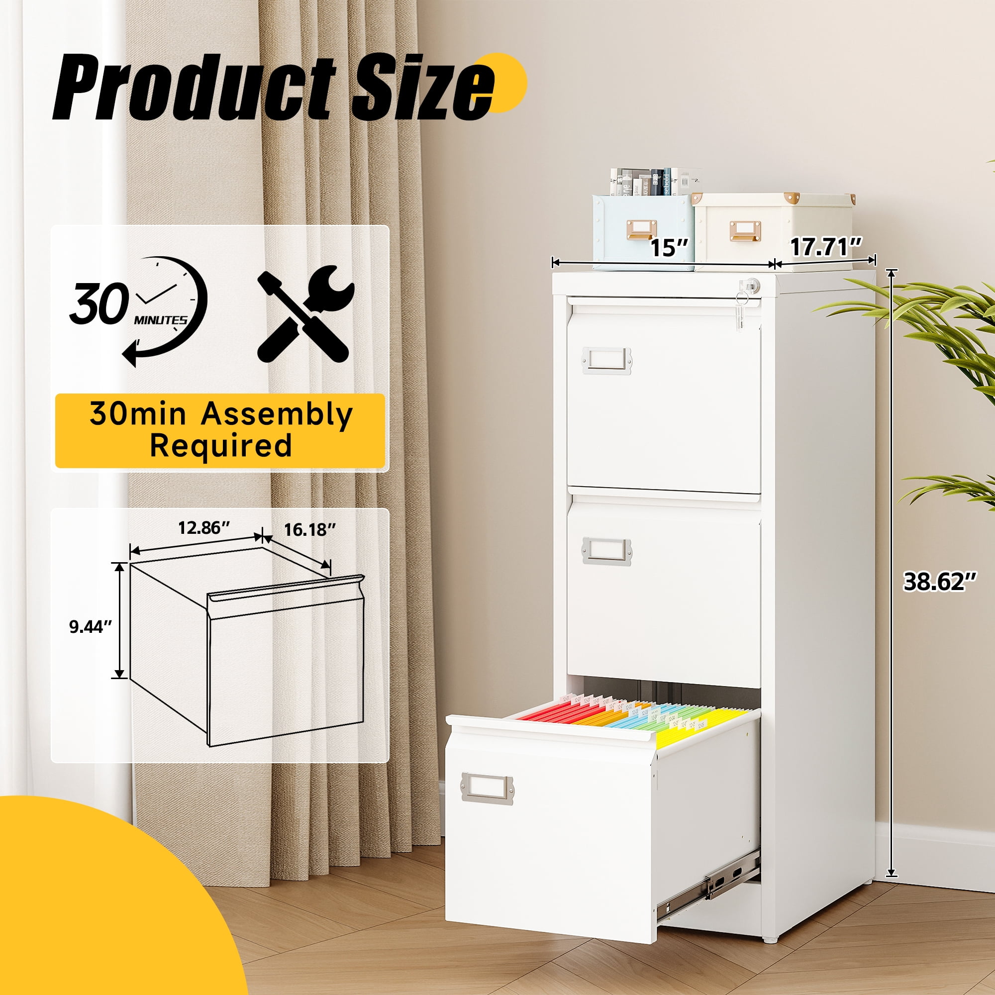 AUHUP 3 Drawer Metal File Cabinet with Lock, White Vertical Filing Storage Cabinet for Home Office