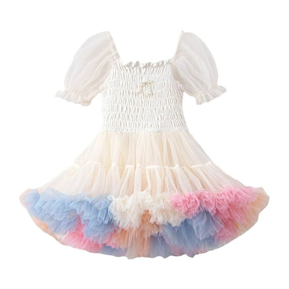 Mercatoo Toddler Baby Girls Dress Gradient Puffy Dress Square Neck Bubble Sleeve Dress Summer Casual P𝐚rty Clothes