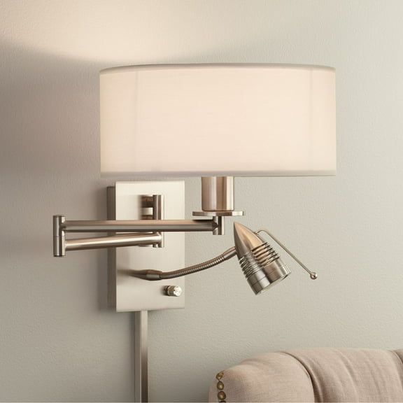 Possini Euro Design Tesoro Modern Swing Arm Wall Lamp with LED Reading Arm Brushed Nickel Plug-in Light Fixture Off White Drum Shade for Bedroom Home