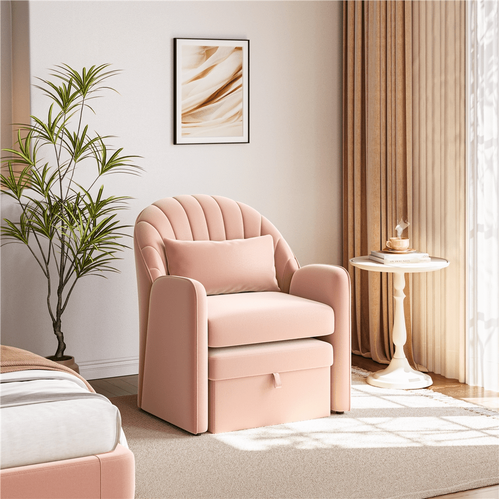 Renwick Upholstered Velvet Barrel Accent Chair with Footrest, Pink