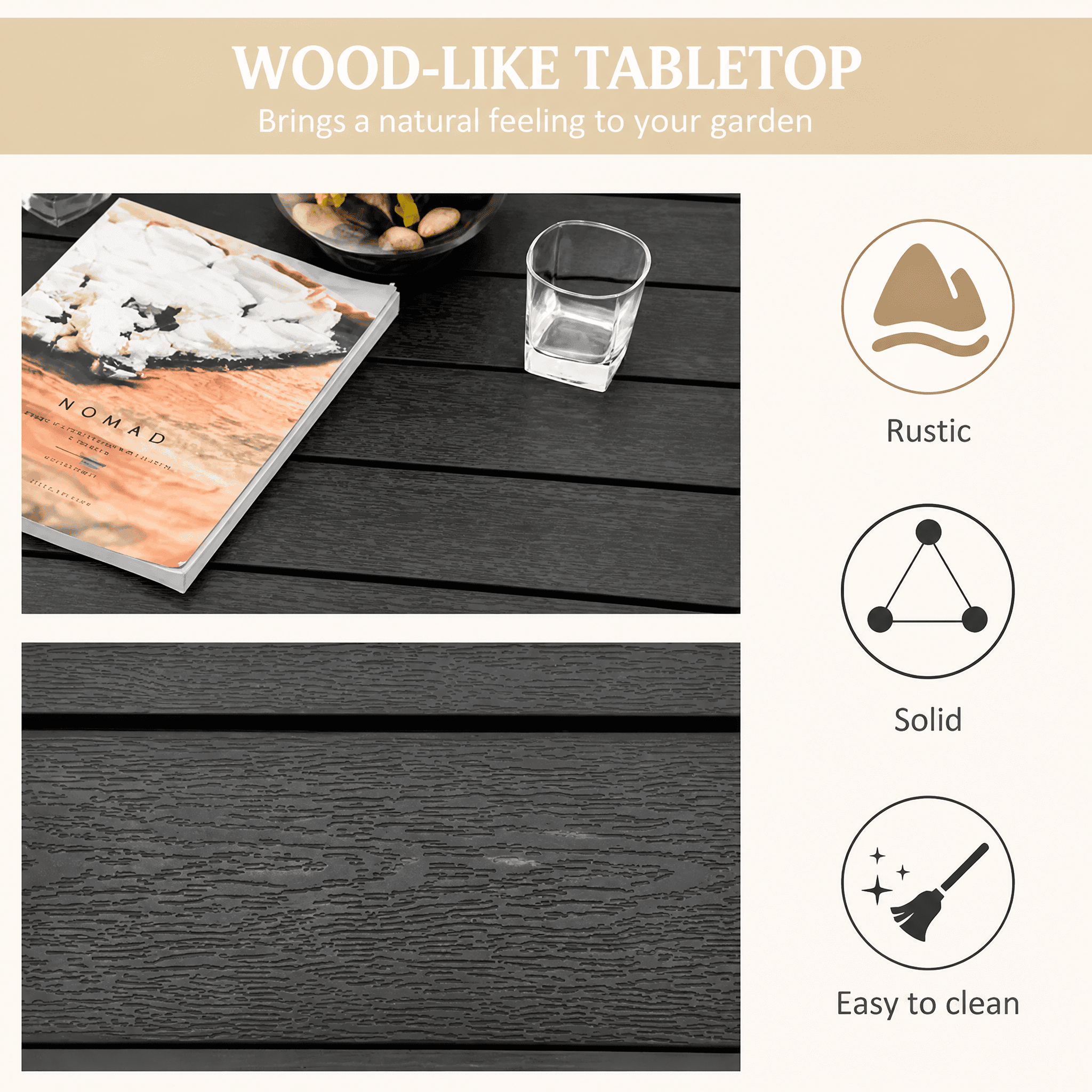 Outdoor Dining Table for 4 Persons, Square Wood-Like Top Patio Table with Lightweight Sturdy Aluminum Frame, Anti-Slip Footpads, Easy to Clean