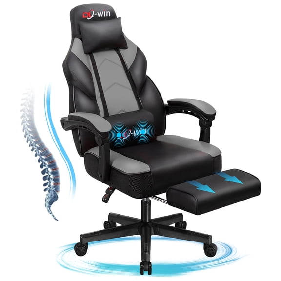 Walsunny Leather Gamer Chair with Footrest, Video Gamer Chair for Adults, High Back Gaming Chair with Massage Lumbar Support, Gray