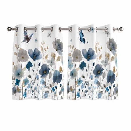 Gray Blue Flowers Kitchen Curtains Window Panels Watercolor Floral Butterflies Spring Insulated Window Treatment Curtain Grommet Curtains for Bedroom/Living Room/Bathroom 2 Piece 42 Wx54 L