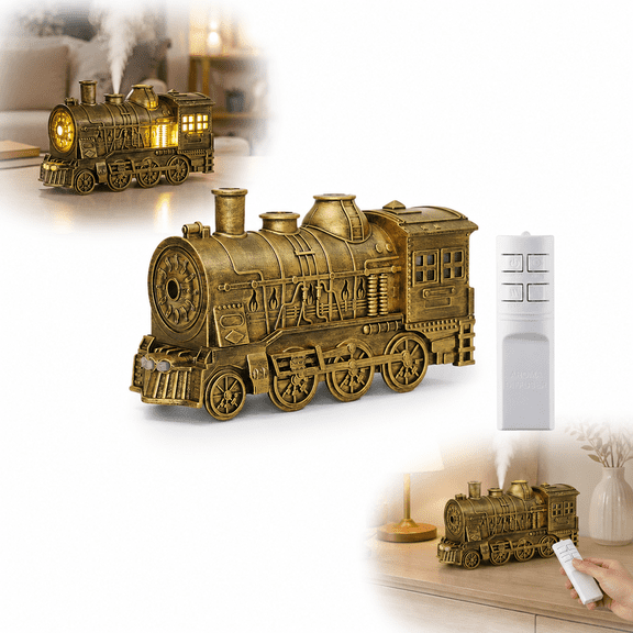 Vintage Train Essential Oil Diffuser, 300 mL, Remote Control, Gold
