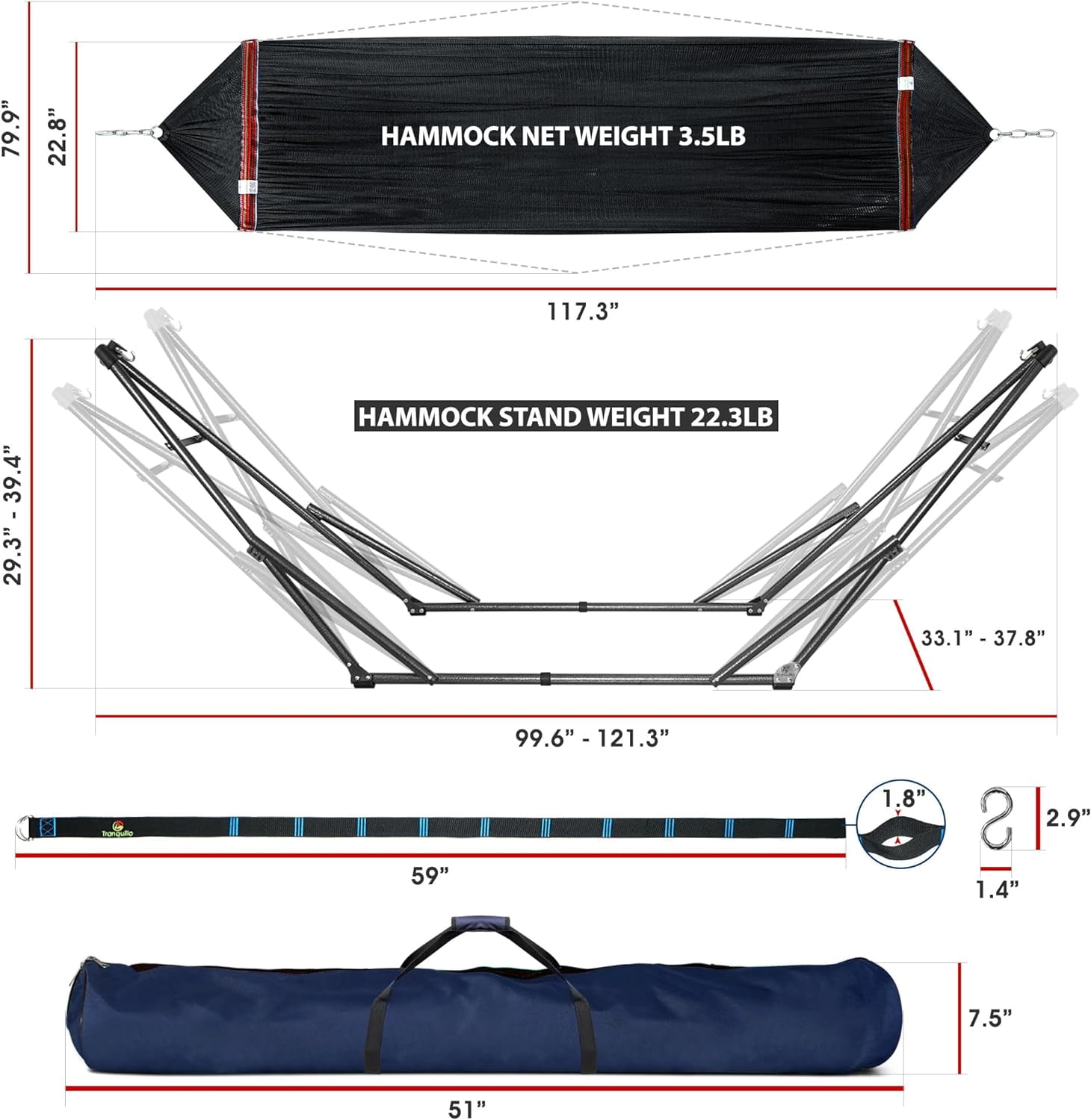 Tranquillo 600lb Capacity 2 Persons 2 Hammocks Included/Foldable Portable Hammocks with Stand, Tree Straps, Carry Bags for Garden Camping, Black