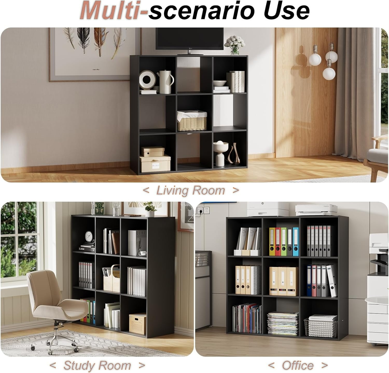 9 Cube Storage Organizer, Open Back Bookshelf with Removable Panels, Vertical or Horizontal Placement, Stackable Bookcase for Living Room, Bedroom, Home Office, Black