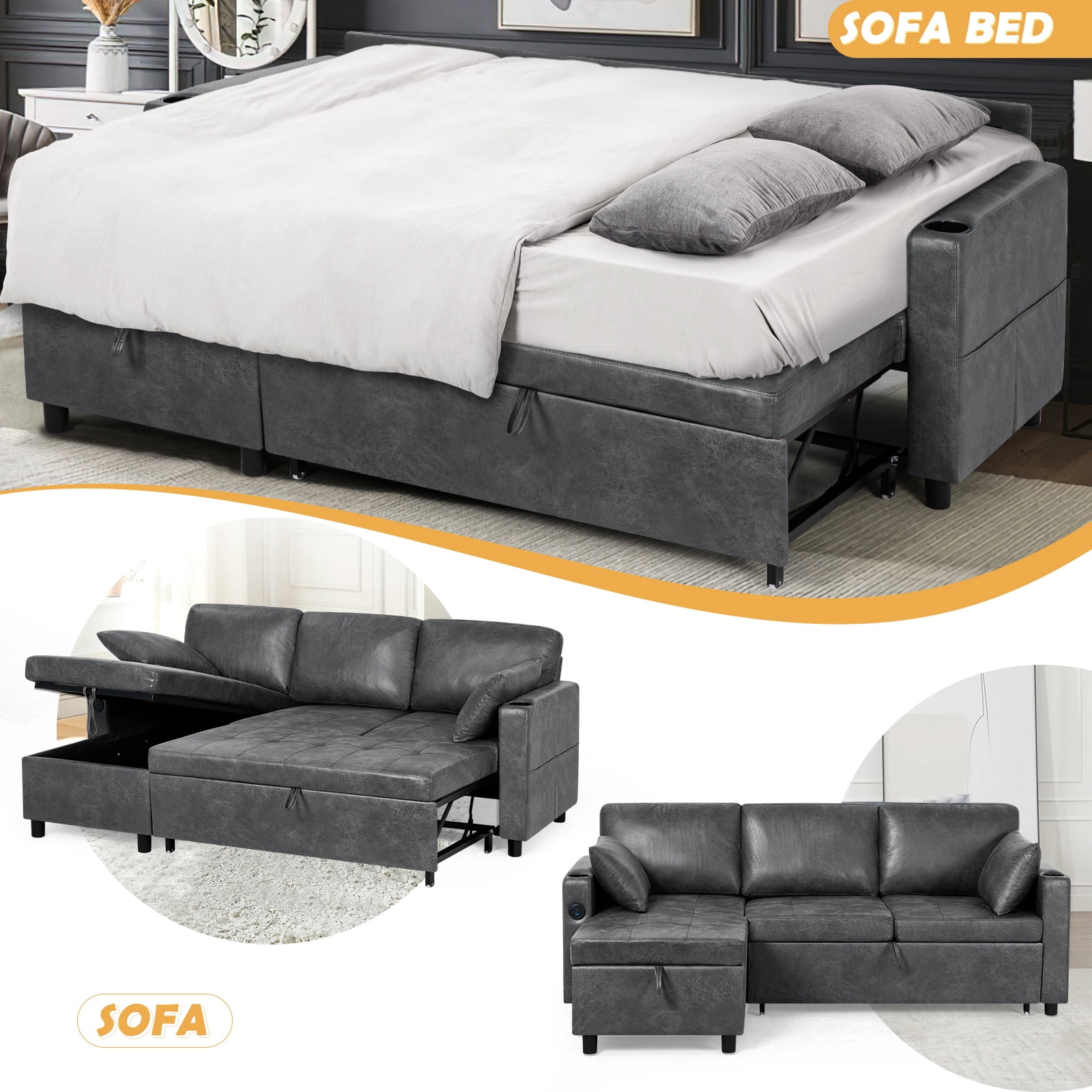 ACMEASE 84" Suede Leather Sectional Sofa w/Adjustable Backrests, Pull Out Sofa Bed w/USB Charger Port& Reversible Storage Chaise,Convertible L-Shaped Sofa with Cup Holders for Living Room, Gray