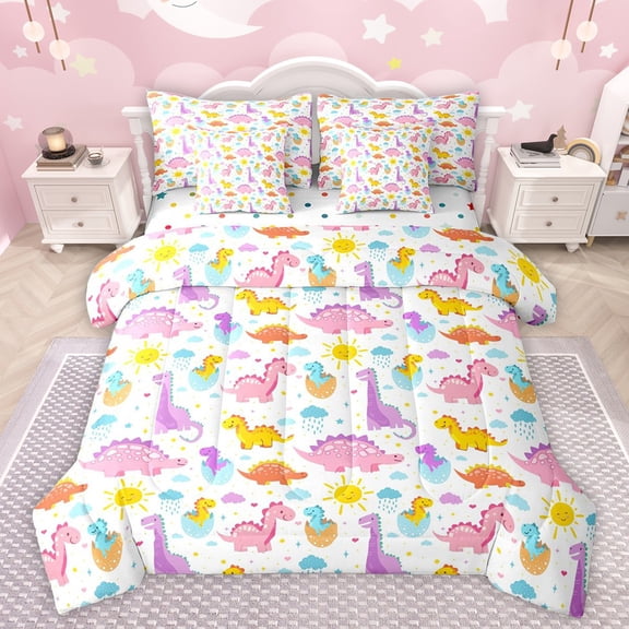 Castle Fairy Preppy Child Colorful Dinosaur Twin Bedding Sets 7-Piece,Cartoon Animal Bedding Comforter Set Microfiber,Kawaii Jungle Wildlife Dino Breathable Sheet Sets,Ultra Soft Home Decor