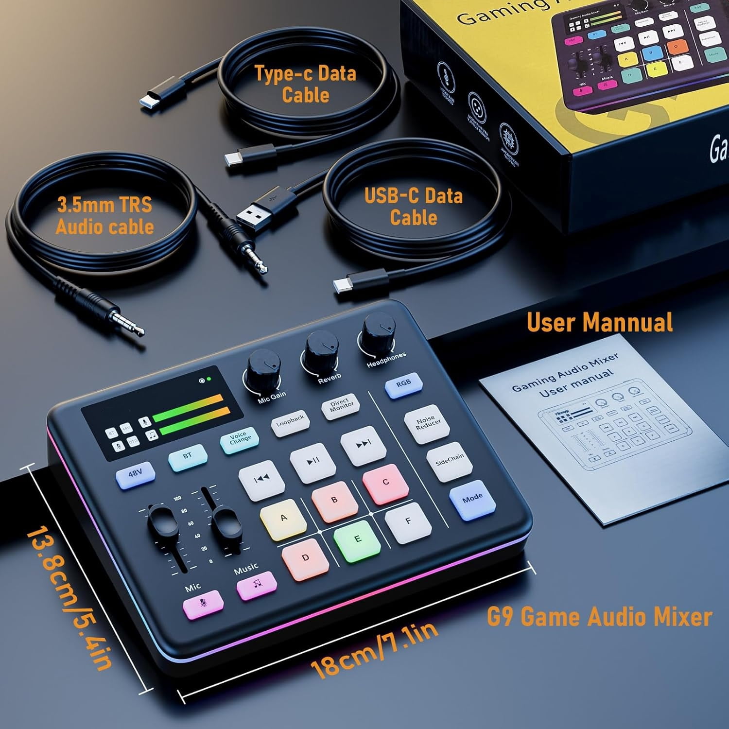 Audio Mixer, Live Sound Card, Voice Changer Kit with RGB Audio Interface,Pro-preamp, Bluetooth Streaming PC Mixer with XLR/48V Phantom Power for Live Streaming,Podcasting,Content Create,Gaming(Black)