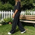 thumbnail image 4 of LEKWK Linen Sets for Women 2 Piece Short Sleeve Crewneck Summer Top and Loose Fit Wide Leg Pants Fashion Solid Lounge Beach Vacation Sets, 4 of 6