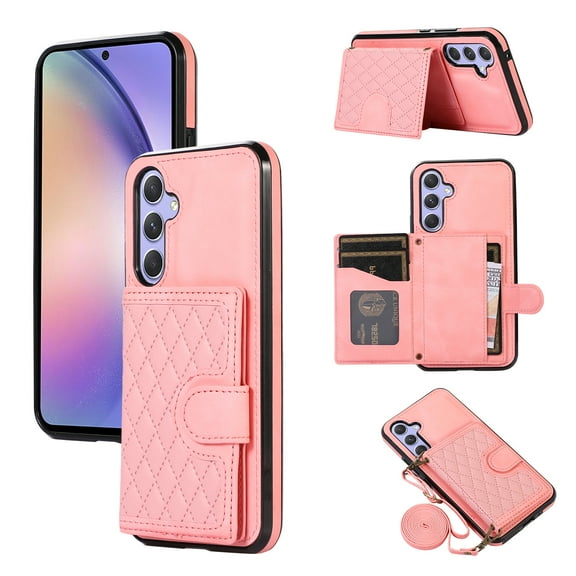 ELEHOLD for Samsung Galaxy A34 5G, Wallet Case,Detachable Adjustable Shoulder Strap With Card Holder Shockproof Leather Kickstand Case, rosegold