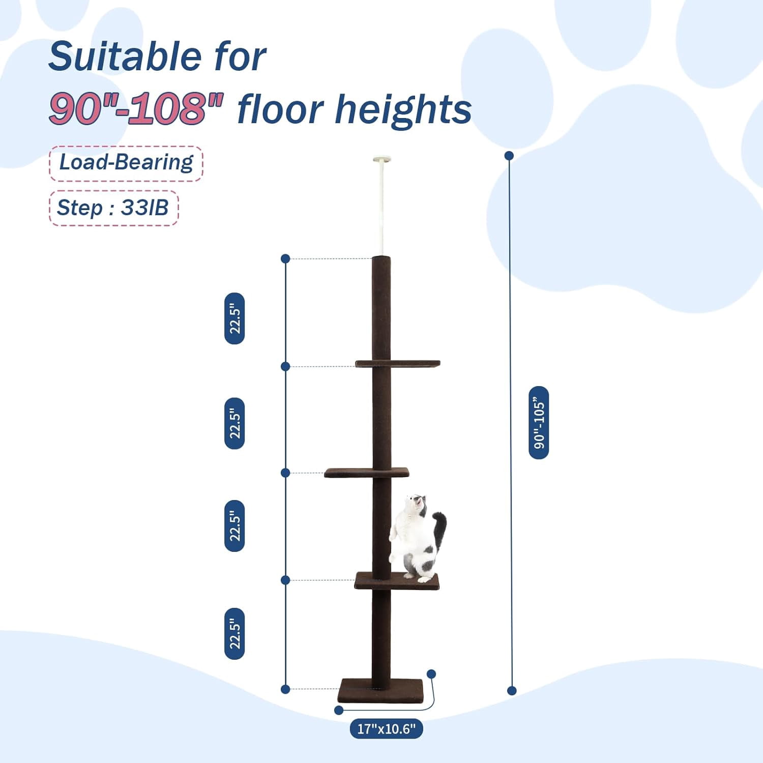 Cat Craft Floor to Ceiling Cat Tree Tower with 4-Tiers for Climbing, Adjustable to Fit 98-108 Inches Tall Ceiling, Brown