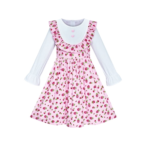Girls Dress Pink Flower Long Sleeve Cotton Causal Dress 4 Years