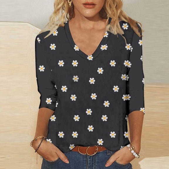 Jsaierl Womens 3/4 Length Sleeve Tops Plus Size V Neck Shirts Boho Print Petite Blouses Going Out Cotton Tunic Top S-4XL