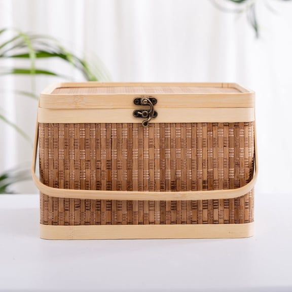 Wicker Picnic Basket with Lid and Handle 28cm Natural Woven Woodchip Easter Candy Egg Storage Rattan Fruit Carrying Holder for Wedding Wine
