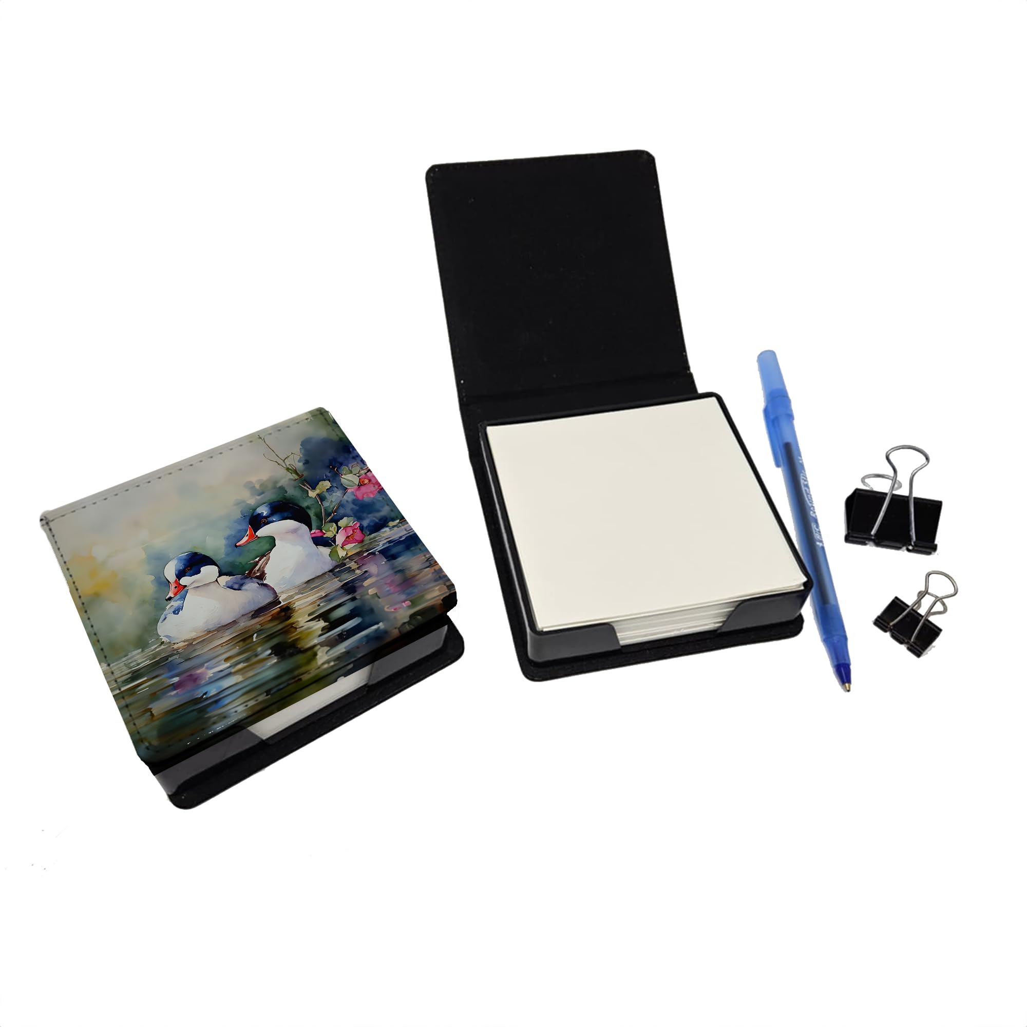 Caroline's Treasures Bufflehead PU Leather Note Paper Holder with Artist-Designed Cover, Desk Accessory, Office Gift